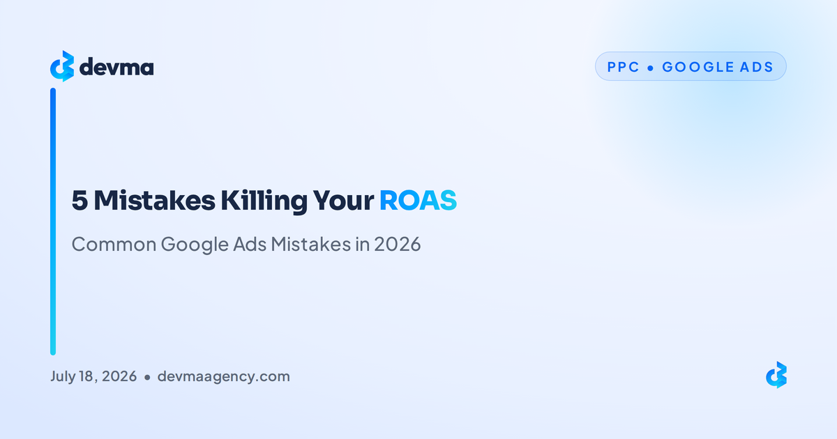 DEVMA blog graphic titled "5 Mistakes Killing Your ROAS," on common Google Ads mistakes in 2026