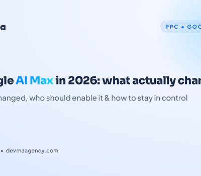 DEVMA blog graphic titled "Google AI Max in 2026: what actually changed," on Google Ads AI Max