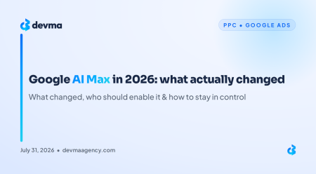 DEVMA blog graphic titled "Google AI Max in 2026: what actually changed," on Google Ads AI Max
