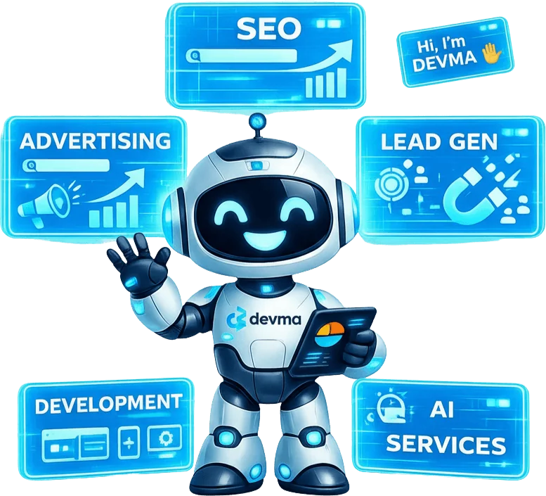 DEVMA AI Assistant – Futuristic animated robot with glowing blue accents representing digital marketing and AI services
